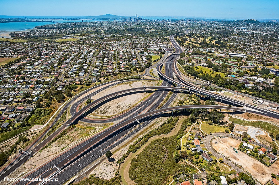 City and roadways aerial view on a sunny day